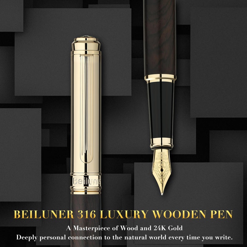 BEILUNER 316 Fountain Pen,Stunning Luxury Blackwood,24K Gilded Nib(Medium),Gorgeous 24K Gold Finish, Ink Converter,Trustworthy Gift for Men&Women-Elegant,Executive,Graduation Pens for Writing, BK-M - Image 2