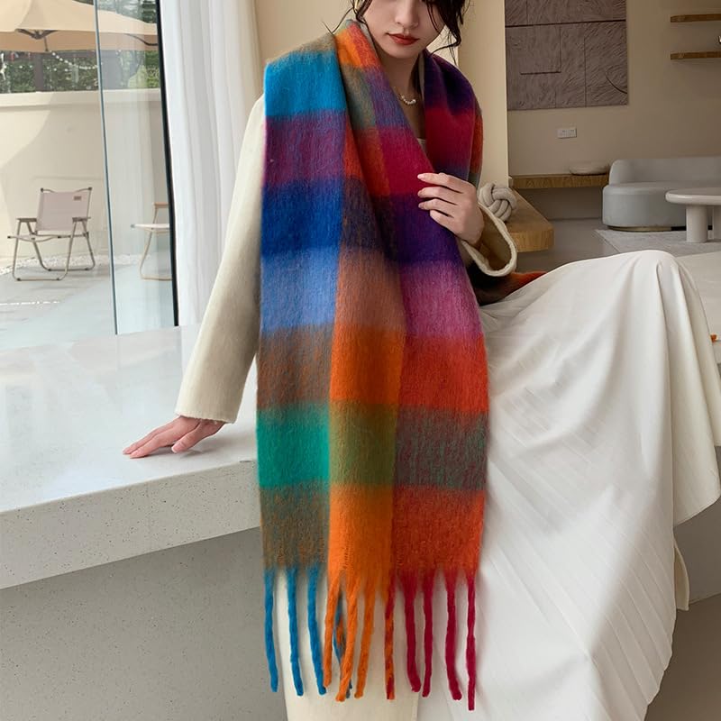 MININAI Chunky Winter Scarfs for Women Cold Weather Warm Knit Thick Plaid Scarf Long Large Oversized Checked Scarves (Colorful) - Image 4