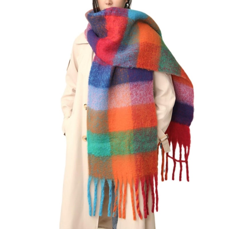 MININAI Chunky Winter Scarfs for Women Cold Weather Warm Knit Thick Plaid Scarf Long Large Oversized Checked Scarves (Colorful) - Image 1