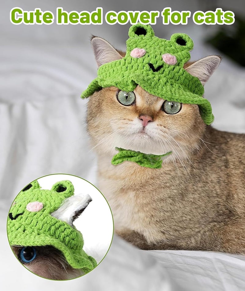 squishy Cat Hat, Dog Hat, Cat Costume Rabbit Ear Headwear for Christmas Cosplay, Soft Knit Warm Pet Accessory (Green) - Image 3