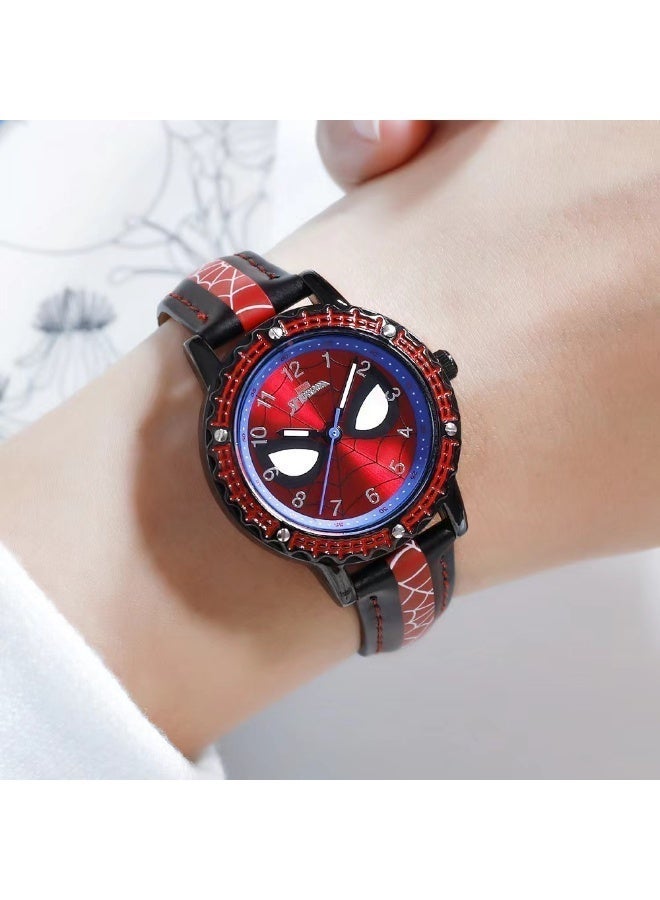Marvel Spider-Man Kids Analog Watch - Black & Red Leather Strap Superhero Wristwatch for Boys