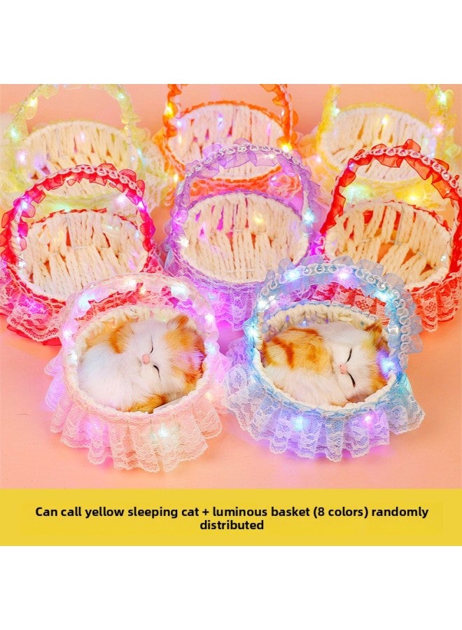 Luminous Basket Cat Can Call Kitten Doll Children's Toys 3-4 Simulation Animal Model Gift Shop Wholesale-Color:Can Call Yellow Sleeping Cat + Luminous Basket (colors Are Sent Randomly) - Image 1