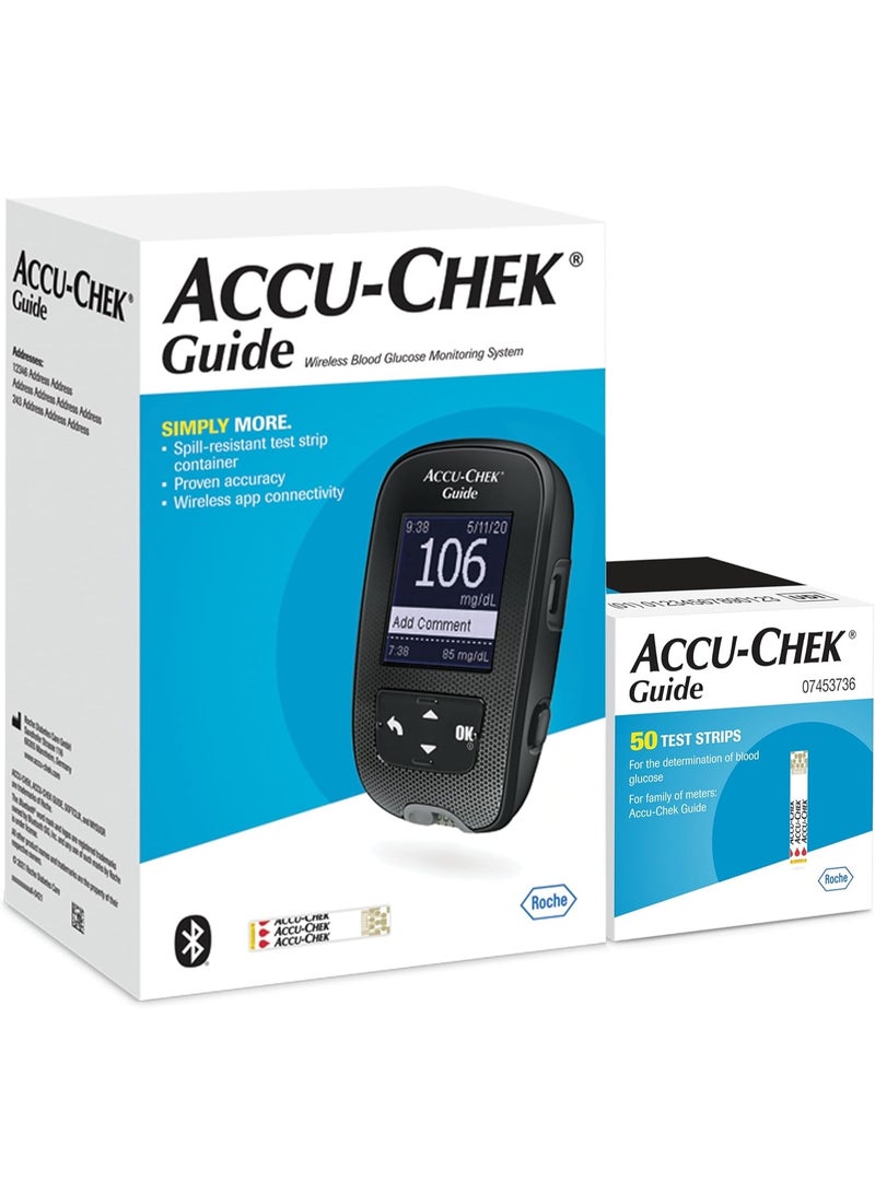 شرائط اختبار Accu-Chek Guide، 50 قطعة لجهاز قياس نسبة السكر في الدم | اختبار دقيق ومقاوم للانسكاب لنسبة السكر في الدم