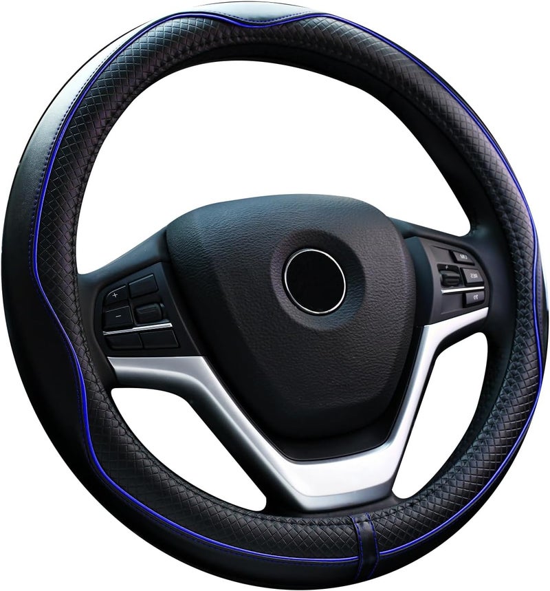 Valleycomfy Steering Wheel Covers Universal 15.75 inch - Genuine Leather, Breathable, Anti Slip & Odor Free (Black with Blue Lines, L(15" 1/2-16")) - Image 1