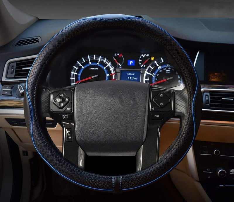 Valleycomfy Steering Wheel Covers Universal 15.75 inch - Genuine Leather, Breathable, Anti Slip & Odor Free (Black with Blue Lines, L(15" 1/2-16")) - Image 2