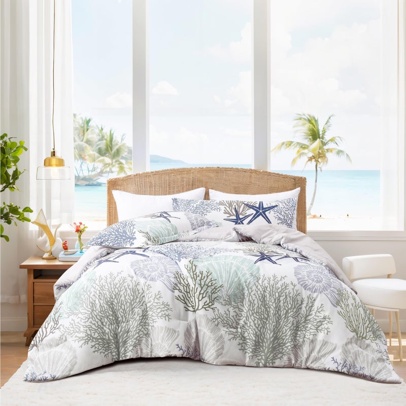 Tritard Coastal Comforter Set King Size 3 Piece Soft Beach Themed Comforter Ocean Nautical Lightweight Bedding Sets for All Seasons 1 Reversible Comforter and 2 Pillow Shams 104x90 C2