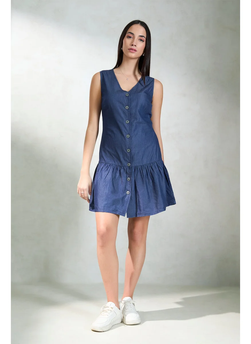 Virgio Virgio V-Neck Sleeveless Pleated Denim Cotton Drop-Waist Dress