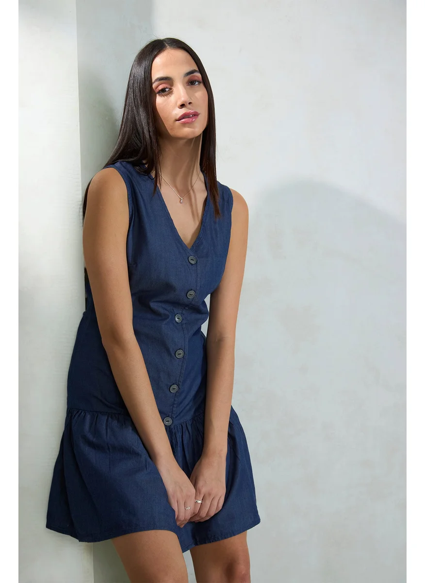Virgio Virgio V-Neck Sleeveless Pleated Denim Cotton Drop-Waist Dress