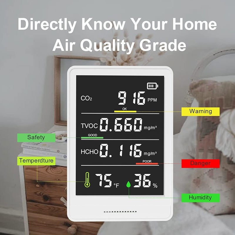 5-in-1 Indoor Air Quality Monitor,Professional Air Quality Meter Indoor Portable CO2 Monitor | Temperature | Formaldehyde Detector | Humidity TVOC | Air Quality Tester for Home,Office - Image 5