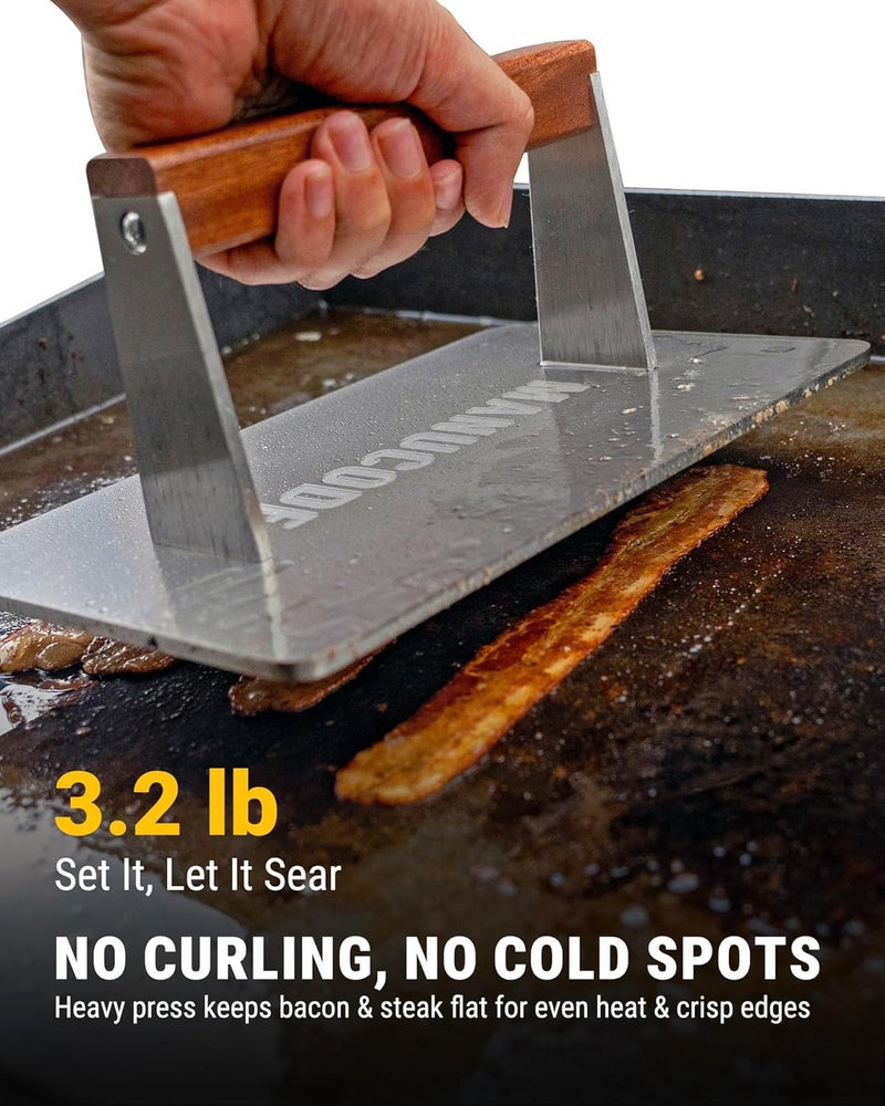 Manucode Store Stainless Steel Bacon Press - 3.2 LB Heavy Cooking Weight, Ideal for Flat Top Grill - Griddle Accessories for Searing Smash Burger, Steak, Sandwich - 9.25 x 5.7 Inches, Flat Bottom, Rectangle - Image 2