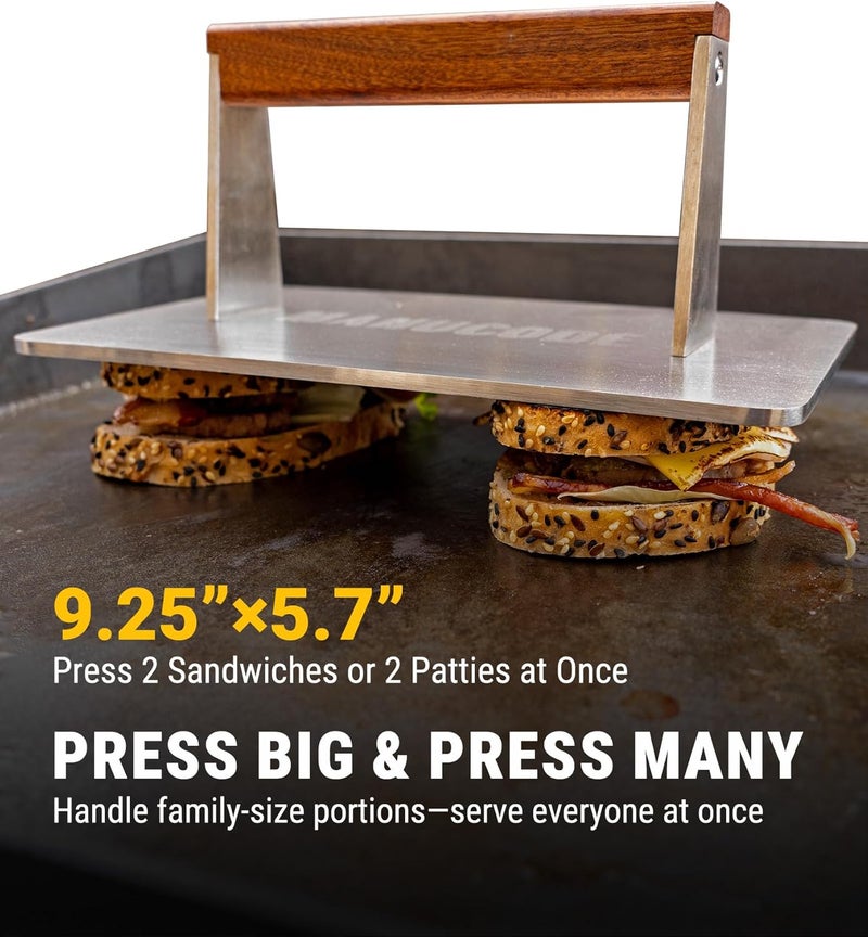 Manucode Store Stainless Steel Bacon Press - 3.2 LB Heavy Cooking Weight, Ideal for Flat Top Grill - Griddle Accessories for Searing Smash Burger, Steak, Sandwich - 9.25 x 5.7 Inches, Flat Bottom, Rectangle - Image 3