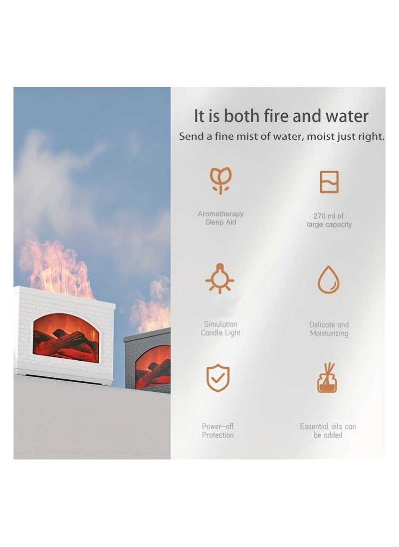 1pc 270ml Portable USB Humidifier with 3D Fire Flame Mini Fireplace and Aroma Essential Oil Diffuser Cool Mist for Room Humidification and Aromatherapy (White)
