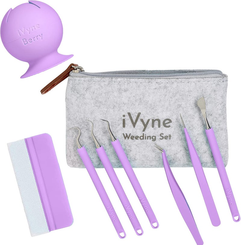 iVyne (8pcs) Premium Vinyl Weeding Tool Kit & Weeding Scrap Collector Soft Grip Tools with Berry, Weeder, Tweezers, Picker Or Hook, and Scraper Set for Silhouette Cameos & HTV - Purple - Image 1