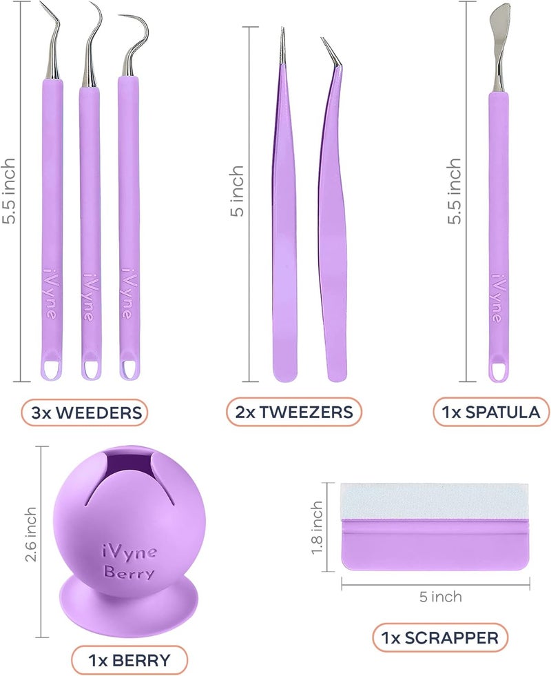 iVyne (8pcs) Premium Vinyl Weeding Tool Kit & Weeding Scrap Collector Soft Grip Tools with Berry, Weeder, Tweezers, Picker Or Hook, and Scraper Set for Silhouette Cameos & HTV - Purple - Image 2