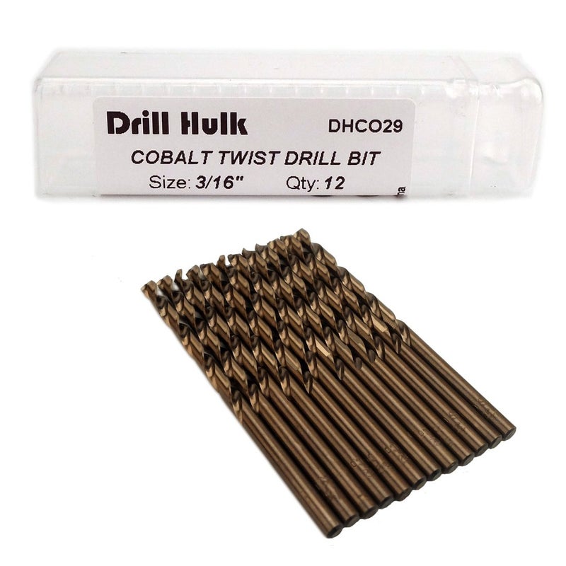 Drill Hulk 3/16-Inch Cobalt Steel M35 Jobber Length Twist Drill Bits for Hard Metal, Stainless Steel, Pack of 12 - Image 1