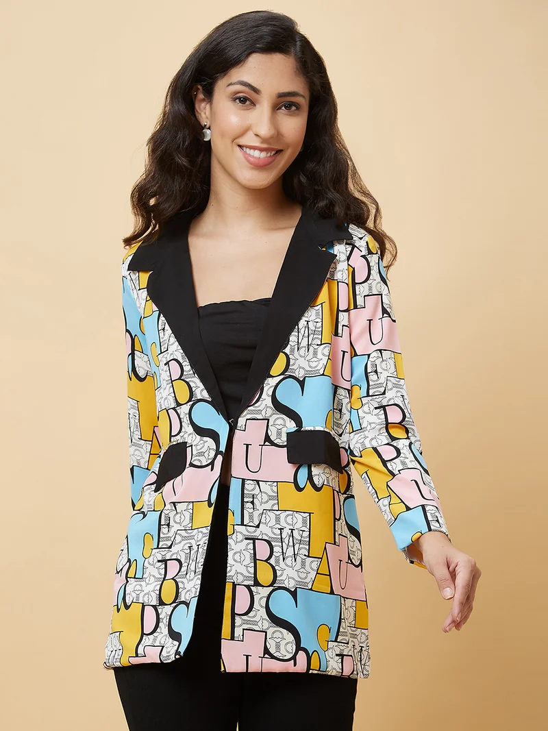 globus Women Pink Typography Printed Long Sleeves Open Front Jacket