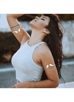 RechicGu 2 Pieces Minimalist Egyptian Bar Curve Upper Arm Cuff Bracelet Bangle Band Open Armband Armlet Jewelry Set Belly Dance Accessories Silver  - Image 2