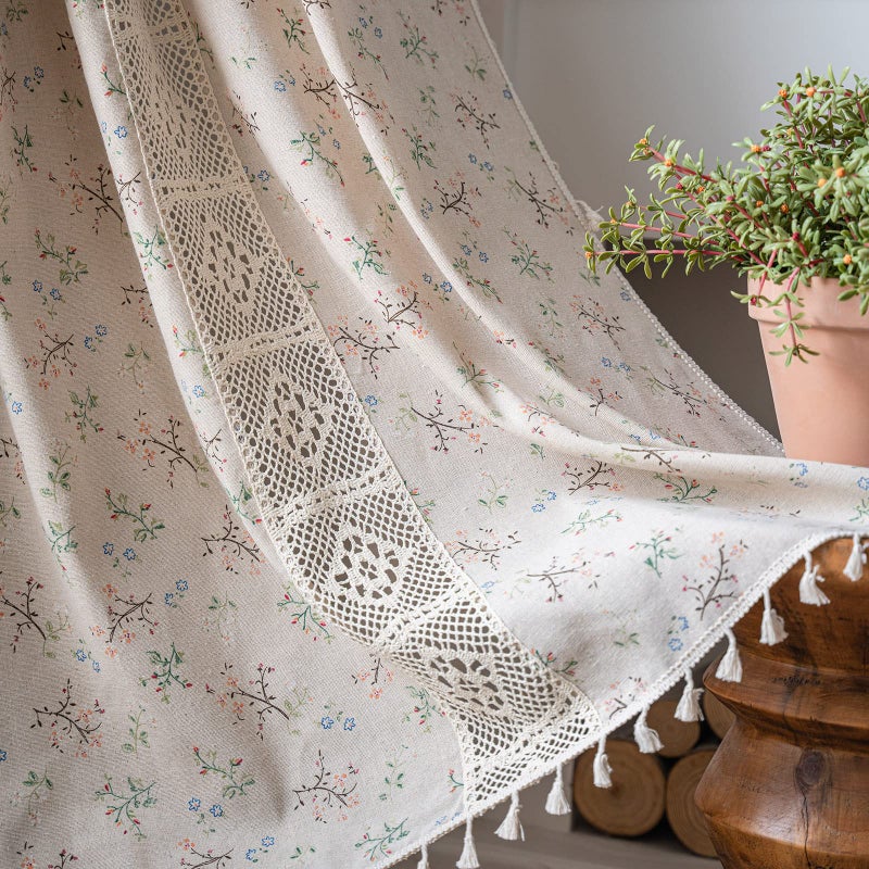 ENJOYBRIDAL Floral Curtains 84 Inch Length 2 Panels Crochet Lace Patchwork Drapes Semi-Sheer Boho Tassel Bedroom Living Room Farmhouse Beige Country Rustic Rod Pocket Window Curtain Panels - Image 1