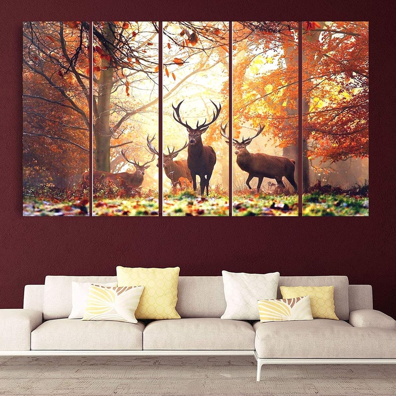 KYARA ARTS Multiple Frames, Beautiful Deers Nature Wall Painting for Living Room, Bedroom, Office, Hotels, Drawing Room Wooden Framed Digital Painting (50inch x 30inch) (Design-1) - Image 1