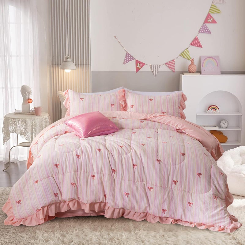 Aimuan Pink Bow Comforter Set 6 Piece, Cute Ribbon Bowknot Bedding Set, Princess Rainbow Comforter and Sheet Set Dreamy Lightweight Soft Bed Set for Girls (Pink Colorful, Twin 6Pcs) - Image 1