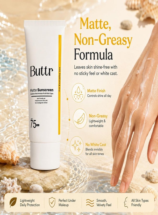 Buttr Silicone Matte Sunscreen SPF 75 PA++++ | With Vitamin E & Silica | Broad Spectrum UVA/UVB Protection | Lightweight, Non-Sticky, Non-Greasy, No White Cast | Suitable for All Skin Types | 50g - Image 4