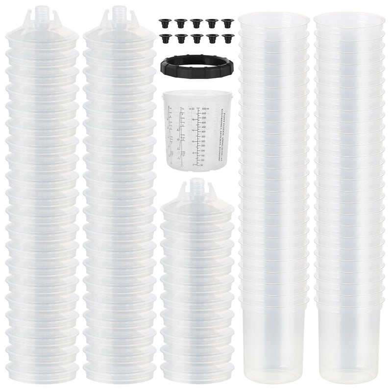 ROADGIVE Disposable Paint Spary Gun Cups650 ML22 OZ Spray Paint Cup Kit with 50 Cup Liners 50 Lids 10 Sealing Plugs 1 Retainer Ring 1 Hard Cup