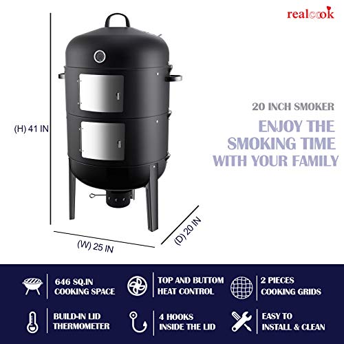 Realcook Charcoal BBQ Smoker Grill - 20 Inch Vertical Smoker for Outdoor Cooking Grilling - Image 3