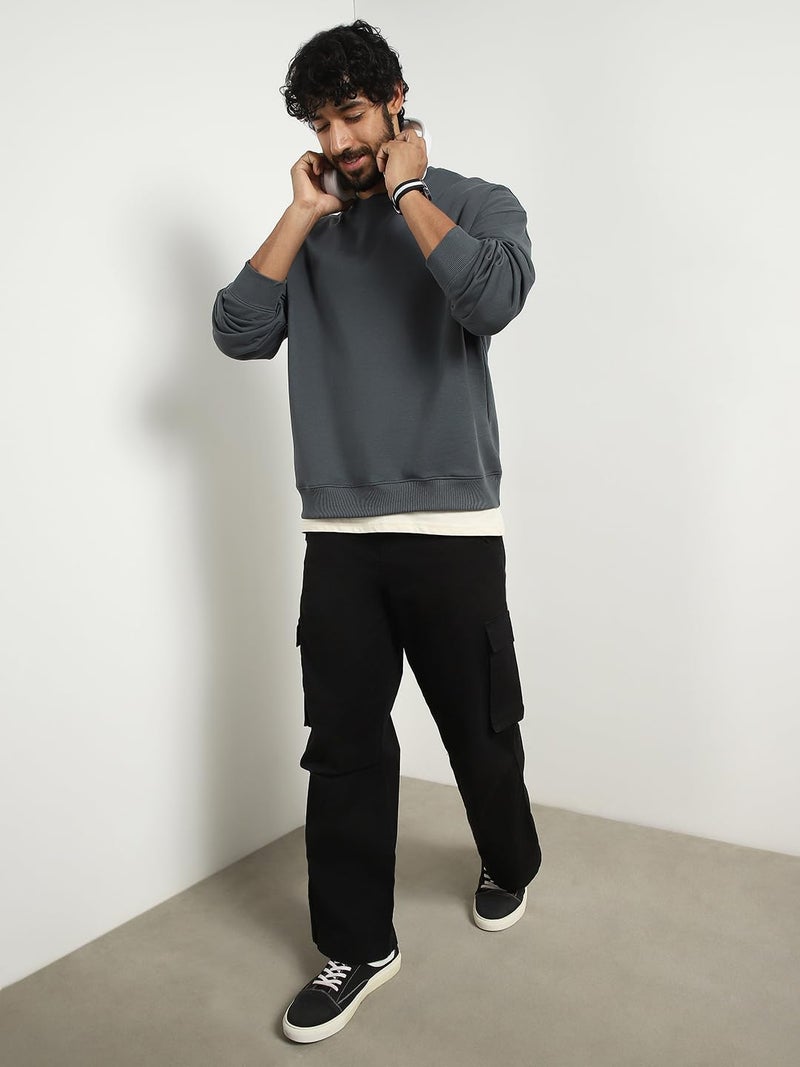 NOBERO Oversized Solid Sweatshirt(1M-TWSS-R0005-GP7_Graphite_3XL) - Image 2