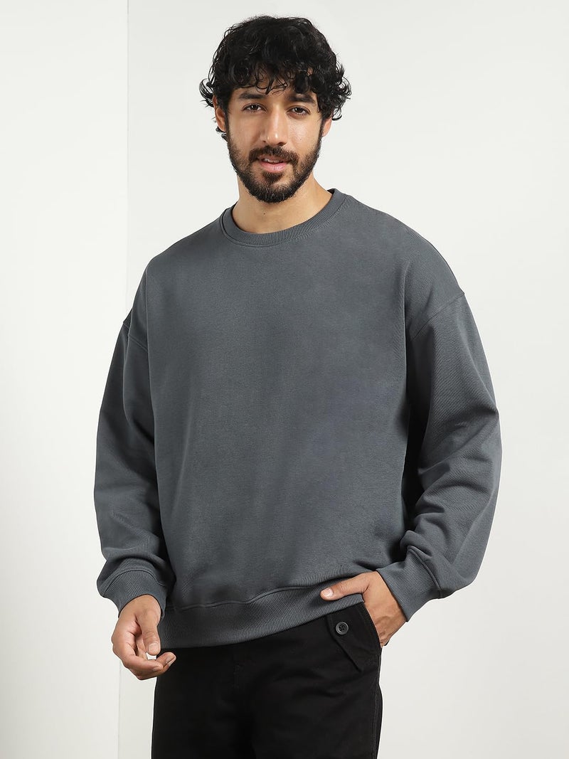 NOBERO Oversized Solid Sweatshirt(1M-TWSS-R0005-GP7_Graphite_3XL) - Image 3