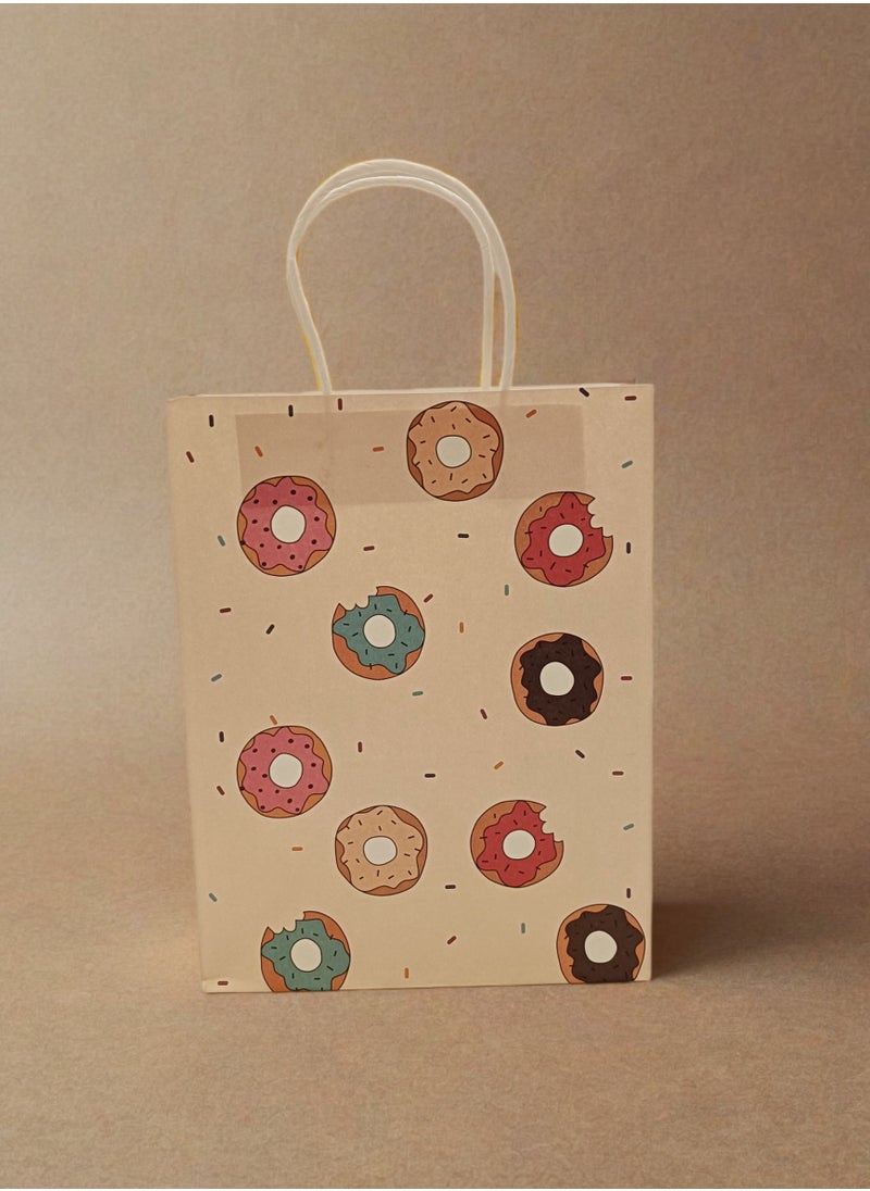 Generic - ‏Beige Paper Bag with Donut Illustrations  Medium-Sized Multi-Purpose Gift Bag for Study, Work, and Shopping, 27x21 cm - Image 1