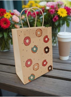 ‏Beige Paper Bag with Donut Illustrations  Medium-Sized Multi-Purpose Gift Bag for Study, Work, and Shopping, 27x21 cm