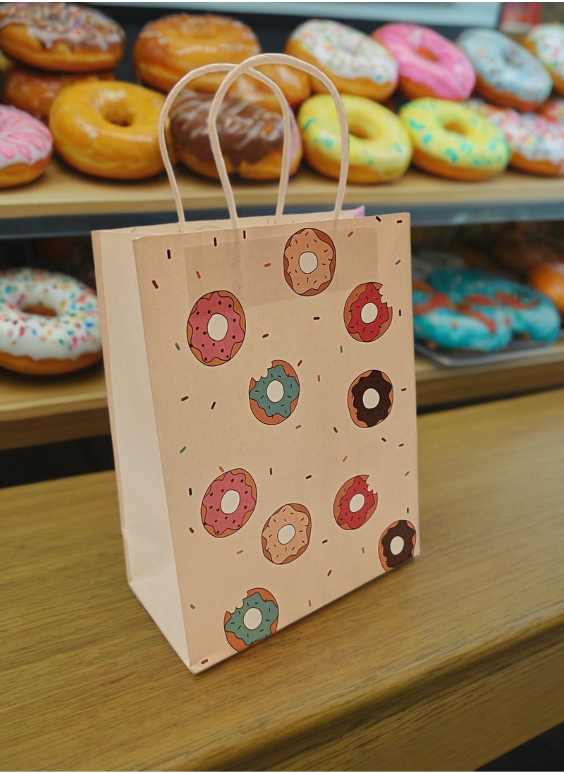 Generic - ‏Beige Paper Bag with Donut Illustrations  Medium-Sized Multi-Purpose Gift Bag for Study, Work, and Shopping, 27x21 cm - Image 1