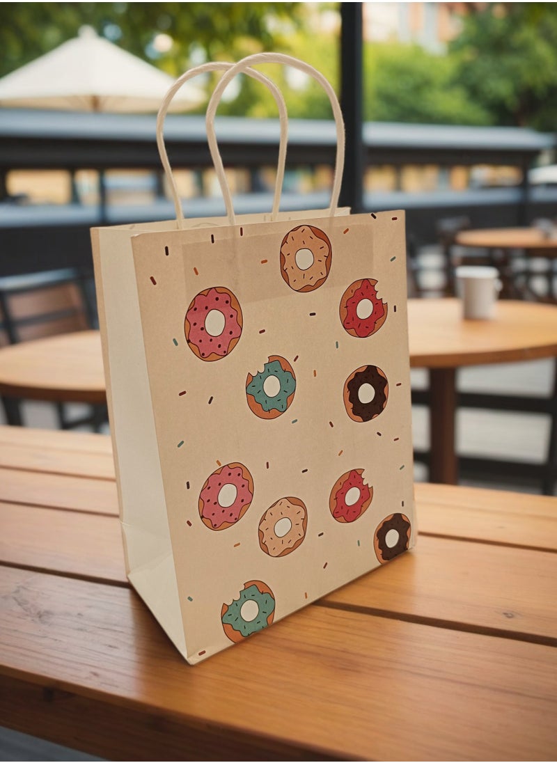 Generic - ‏Beige Paper Bag with Donut Illustrations  Medium-Sized Multi-Purpose Gift Bag for Study, Work, and Shopping, 27x21 cm - Image 1
