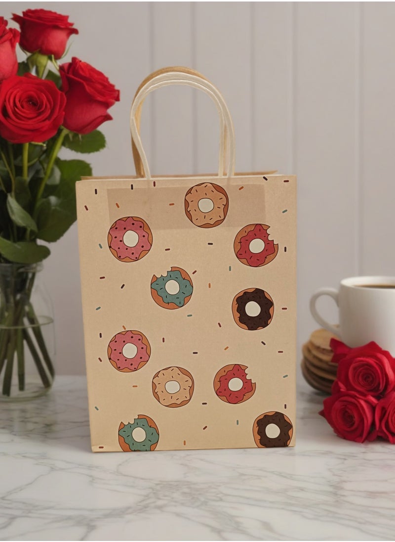Generic - ‏Beige Paper Bag with Donut Illustrations  Medium-Sized Multi-Purpose Gift Bag for Study, Work, and Shopping, 27x21 cm - Image 1