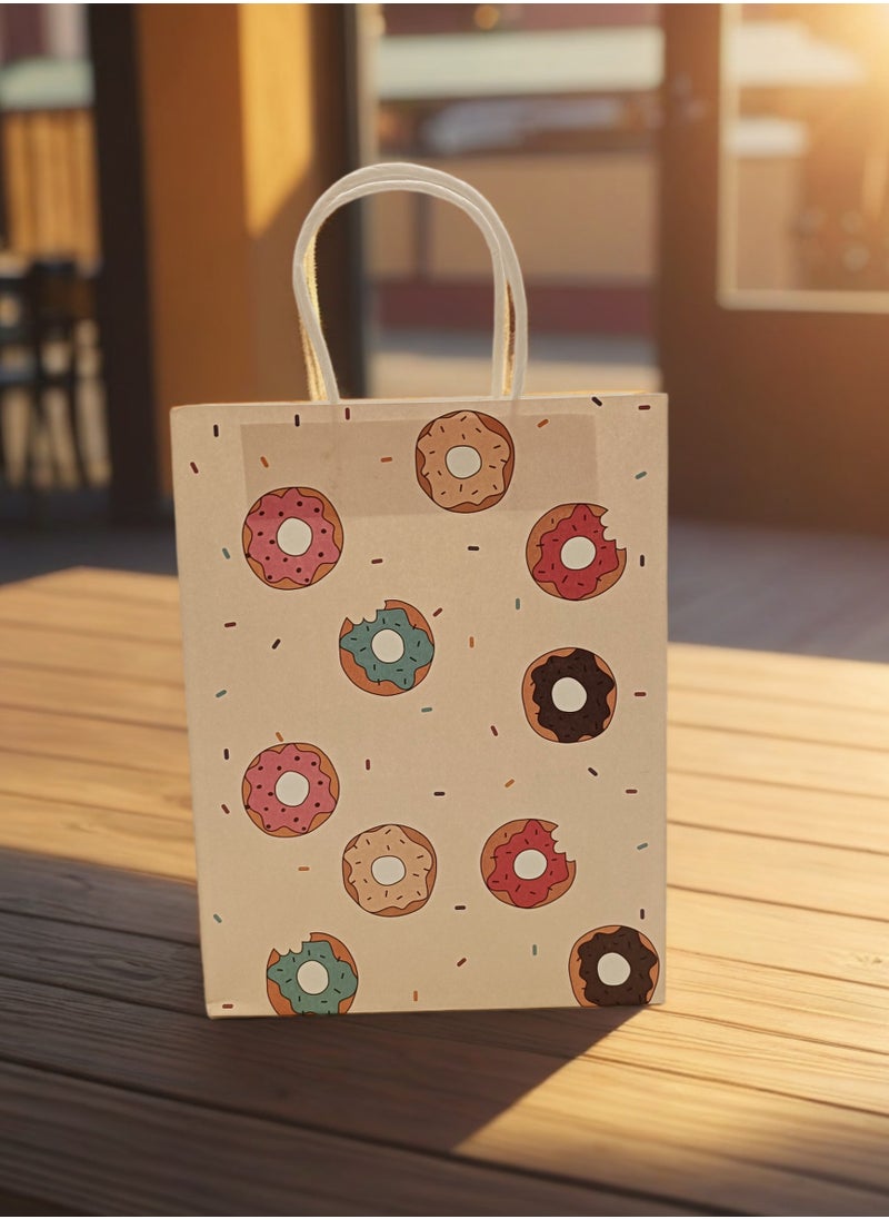 Generic - ‏Beige Paper Bag with Donut Illustrations  Medium-Sized Multi-Purpose Gift Bag for Study, Work, and Shopping, 27x21 cm - Image 1