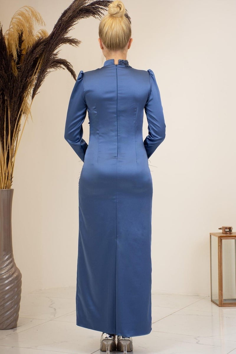 Esilanur Front Beaded Applique Embroidery Sleeves Feathered Nara Hijab Evening Dress Indigo  - Image 3