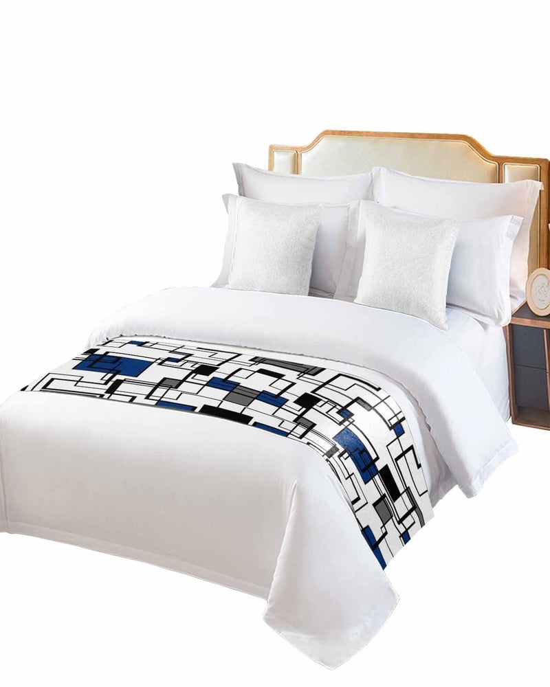 Cal King Bed Runner 102x20 Inches Geometric Navy Blue Grey Bed Throw Sofa Scarf Protector - Image 3