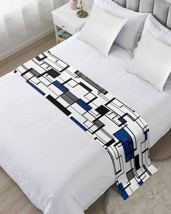 Cal King Bed Runner 102x20 Inches Geometric Navy Blue Grey Bed Throw Sofa Scarf Protector - Image 1