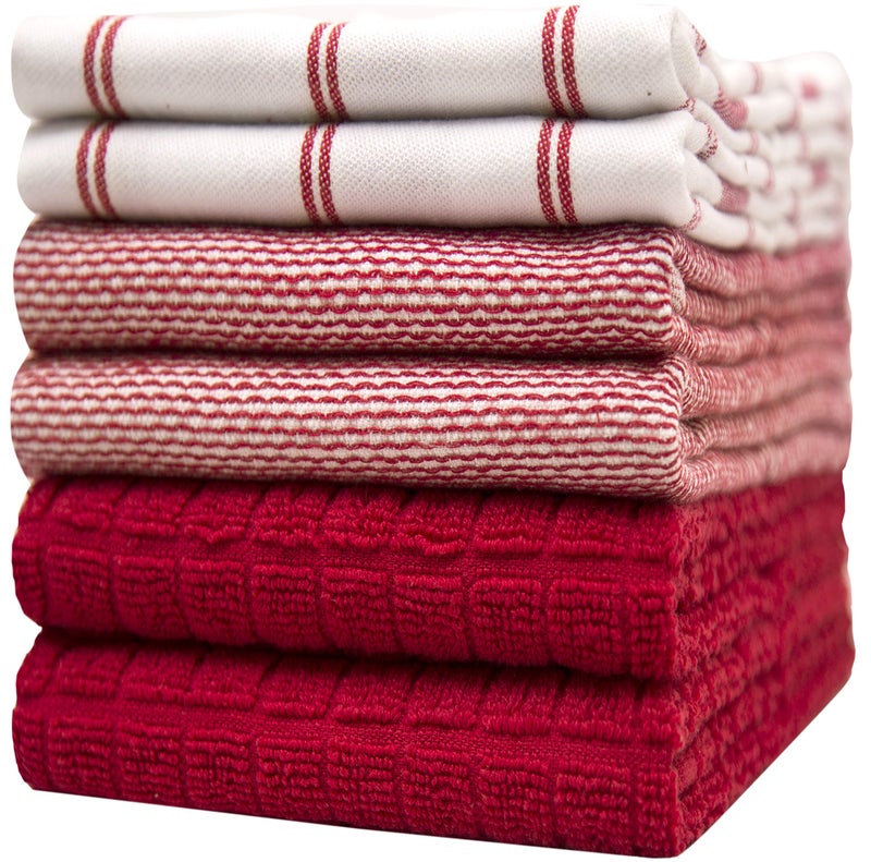 Premium Kitchen Towels 20x 28 6 Pack Large Cotton Kitchen Hand Towels Flat Terry Towel Highly Absorbent Tea Towels Set with Hanging Loop Red Check