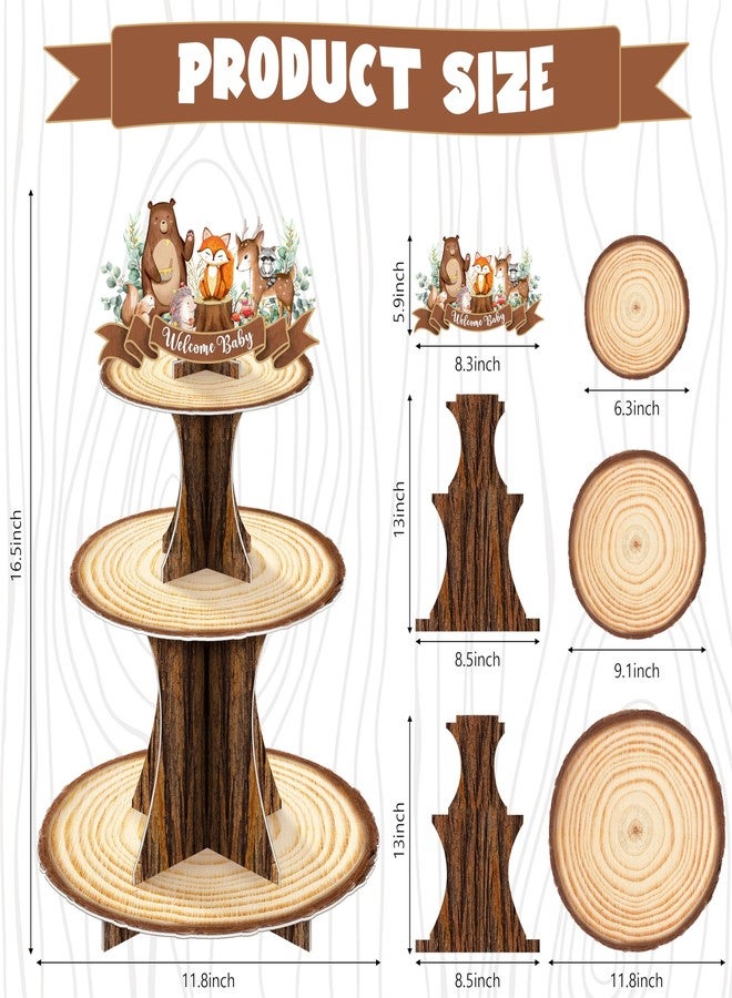 BORAMDO Woodland Animals Baby Shower Cupcake Stand Decorations 3 Tier Rustic Wooden Cake Holder Dessert Stand for Forest Themed Baby Shower Birthday Party Supplies - Image 2