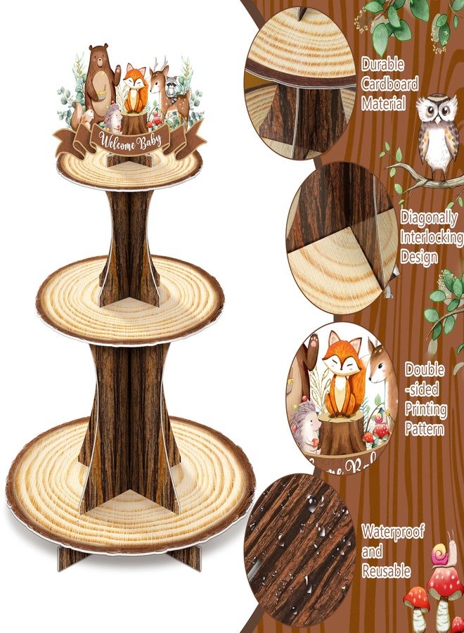 BORAMDO Woodland Animals Baby Shower Cupcake Stand Decorations 3 Tier Rustic Wooden Cake Holder Dessert Stand for Forest Themed Baby Shower Birthday Party Supplies - Image 3