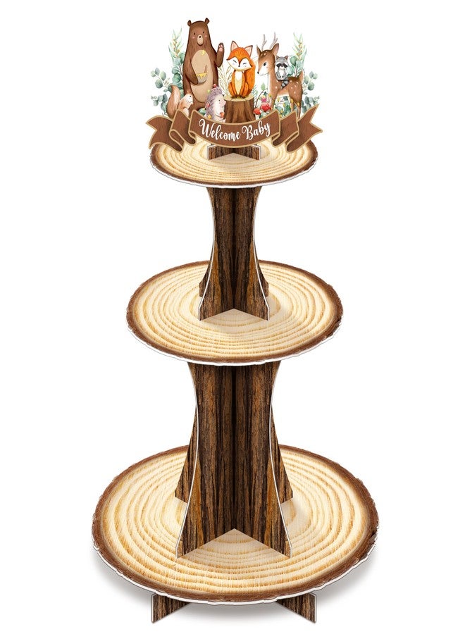 BORAMDO Woodland Animals Baby Shower Cupcake Stand Decorations 3 Tier Rustic Wooden Cake Holder Dessert Stand for Forest Themed Baby Shower Birthday Party Supplies - Image 1