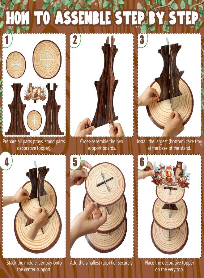 BORAMDO Woodland Animals Baby Shower Cupcake Stand Decorations 3 Tier Rustic Wooden Cake Holder Dessert Stand for Forest Themed Baby Shower Birthday Party Supplies - Image 4