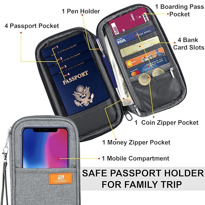 DAHSHA RFID Travel Family Passport Holder Wallet Organizer for Credit Debit Card Boarding Pass with Removable Hand Strap for Men and Women (Grey, 13 x 3 x 23 Cm) - Image 4