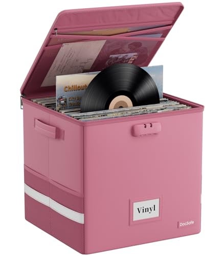 DocSafe Vinyl Record Storage Box with Lock FireproofWater Resistant Record Organizer for 100 Single Records12inch Collapsible Storage Crate with LidHandles for Valuable Album CollectionPink - Image 1