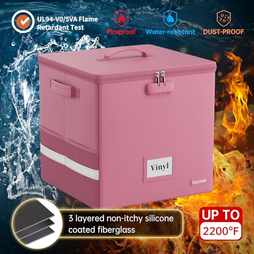 DocSafe Vinyl Record Storage Box with Lock FireproofWater Resistant Record Organizer for 100 Single Records12inch Collapsible Storage Crate with LidHandles for Valuable Album CollectionPink - Image 3
