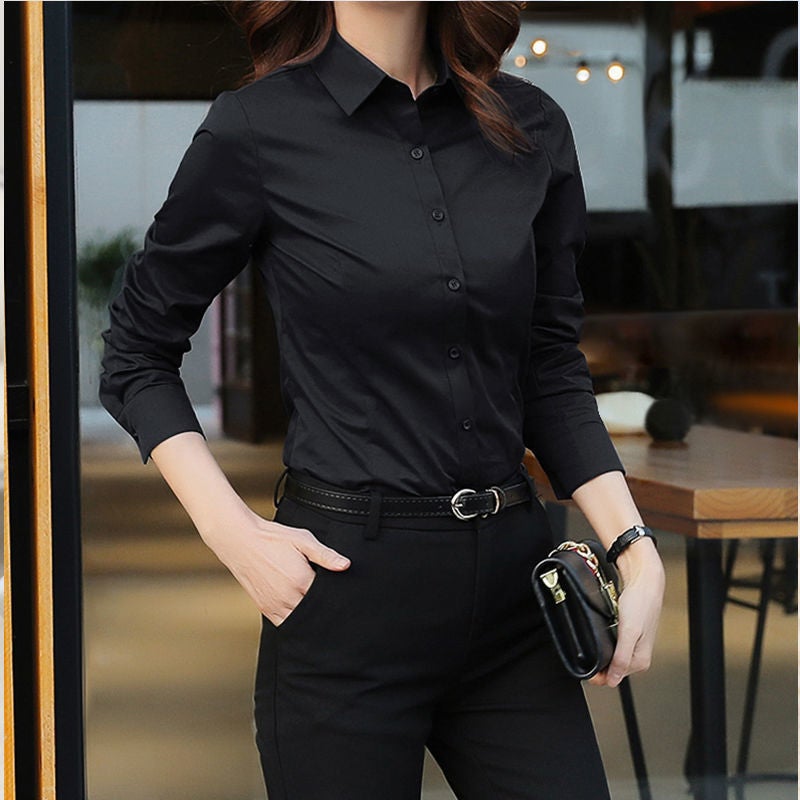 [13000 Collection] White Shirt Womens Long-sleeved Short-sleeved Slim-fit Spring, Summer and Autumn Foreign Style Womens Business Wear Lining Black long sleeves