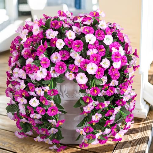 florisso Fake Flowers for Outdoor Decorations 2 PCS Artificial Silk Morning Glory Trailing Vines Look Real UV Resistant for Porch Planter Patio Decor Light Fuchsia and Fuchsia - Image 1