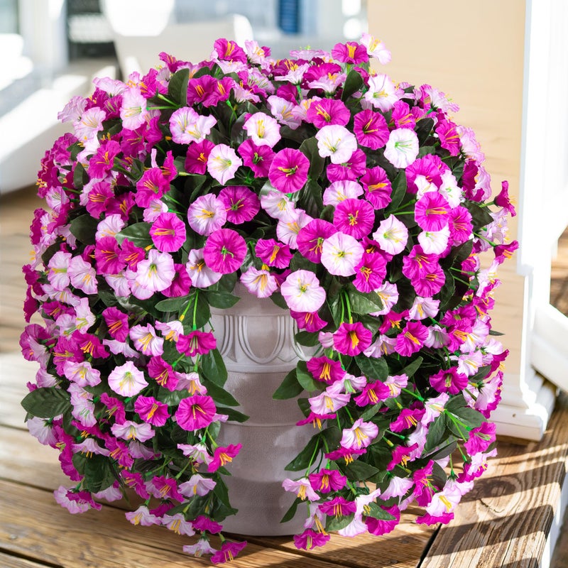 florisso Fake Flowers for Outdoor Decorations 2 PCS Artificial Silk Morning Glory Trailing Vines Look Real UV Resistant for Porch Planter Patio Decor Light Fuchsia and Fuchsia - Image 2