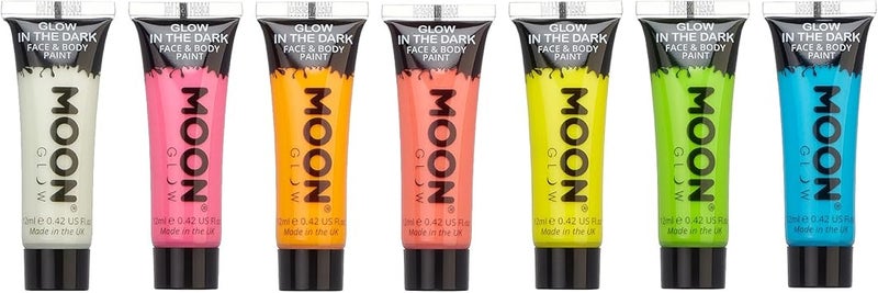Moon Glow 12ml Glow in the Dark Face Body Paint Set of 7 Phosphorescent Charge to Glow - Image 1